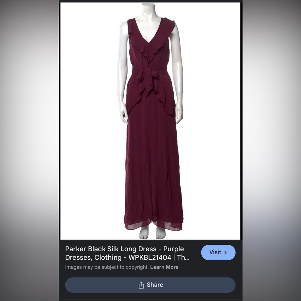 Parker Black silk dress size 12 burgundy red fully lined ruffles belt $495